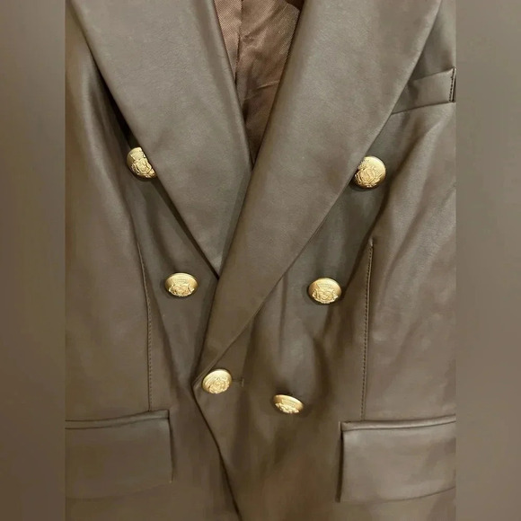 LOVE TOKEN Nellie vegan leather double breasted chocolate brown blazer sz L - Picture 6 of 11